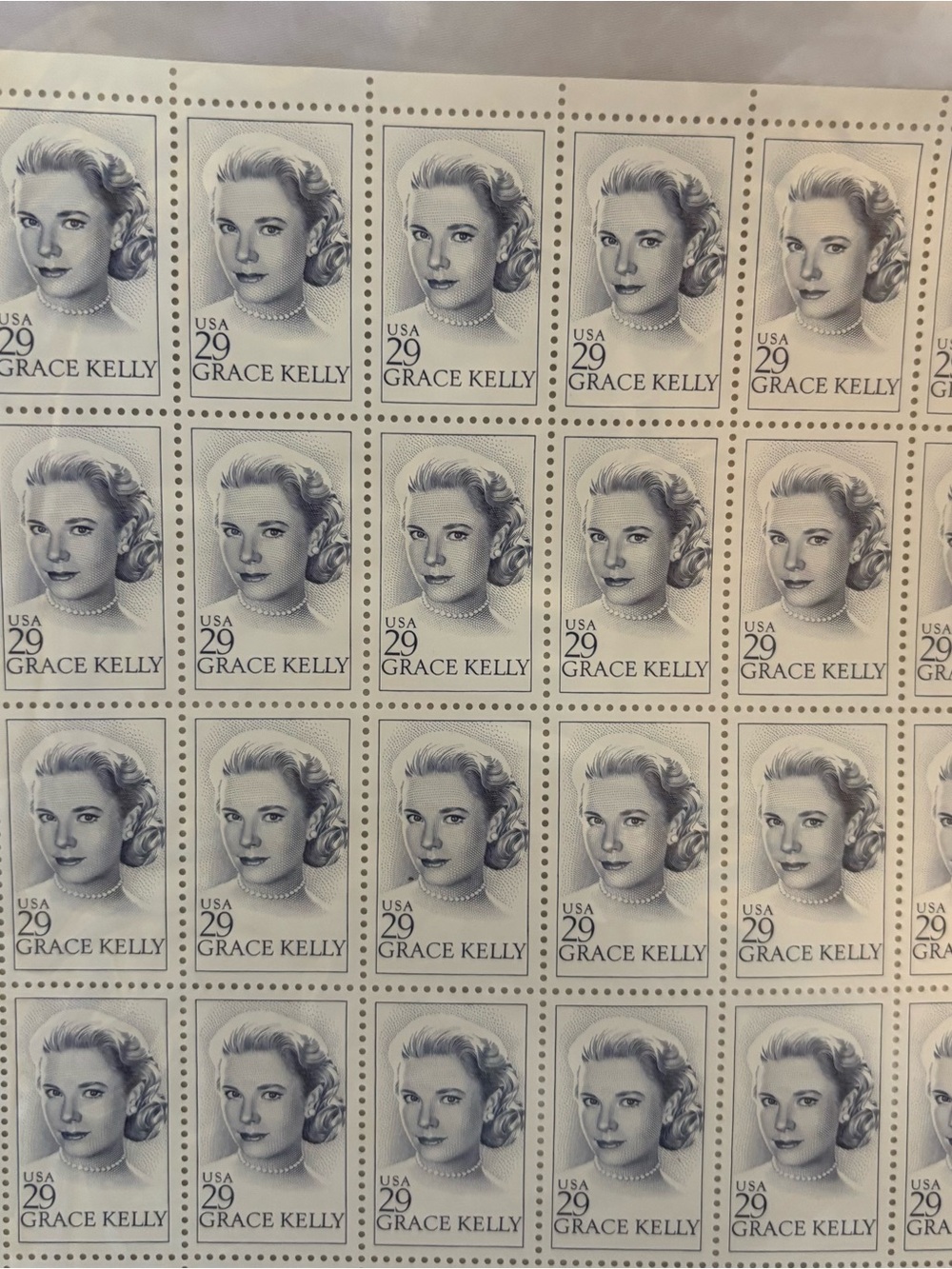 Vintage USA 29¢ Grace Kelly Commemorative Stamp Sheet - Blue Gray Full Sheet